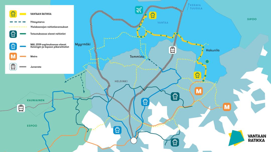 Helsingin seudun raideliikenne kartta.